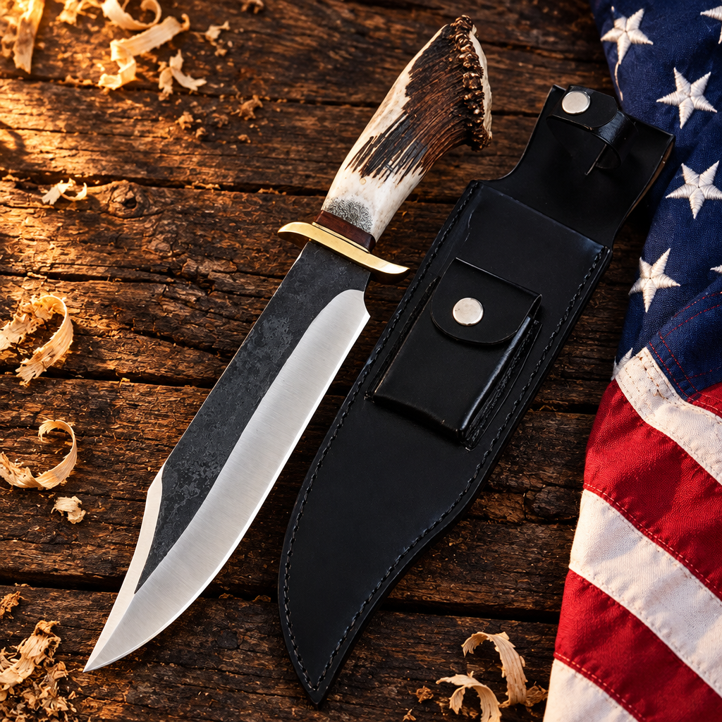 Handmade carbon steel Bowie knife brut de forge black blade stag antler handle hero flat lay on rustic dark wood with American USA flag