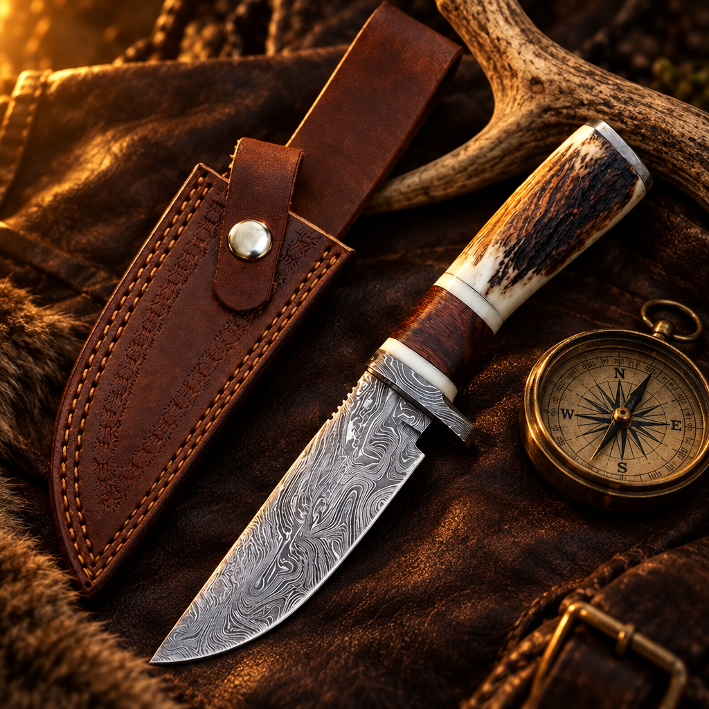 Handmade Damascus skinner knife stag horn handle luxury cinematic editorial with vintage compass and antler tine on dark leather surface