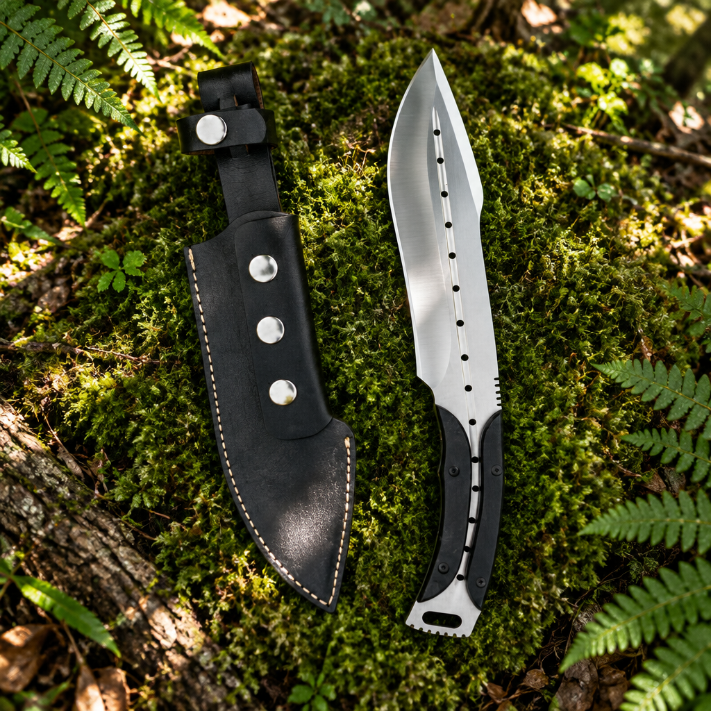 American bushcraft tactical knife and black leather MOLLE sheath resting on thick green forest moss natural outdoor setting