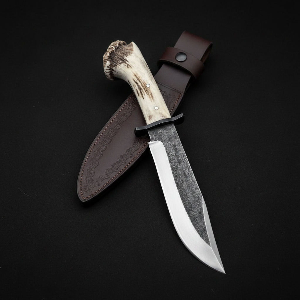 High carbon steel Bowie hunting fixed blade knife with stag antler crown handle and leather sheath on charcoal