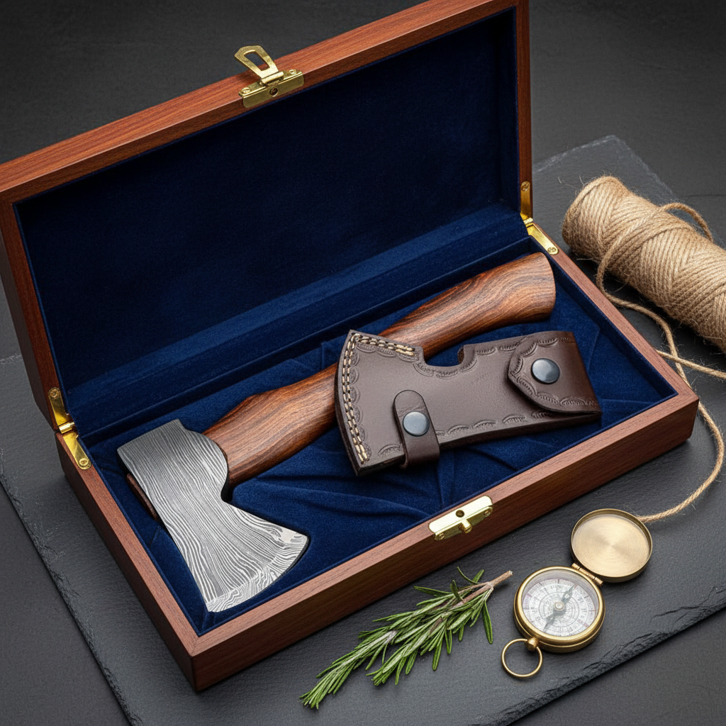 Premium Damascus bearded axe gift presentation flat lay on dark slate surface