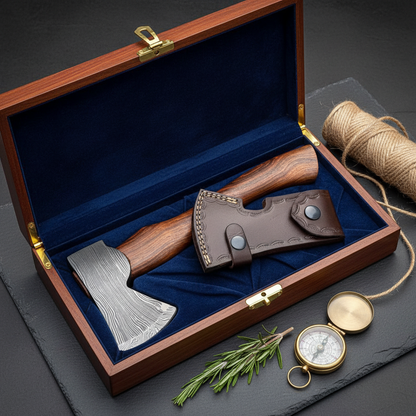 Premium Damascus bearded axe gift presentation flat lay on dark slate surface