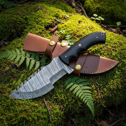Damascus black micarta tracker knife and brown leather sheath on thick lush green forest moss natural outdoor