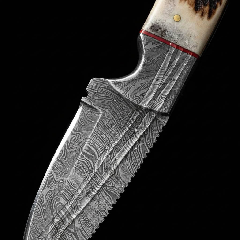 Close up macro shot of hand forged Damascus steel blade pattern showing layered swirling steel grain texture