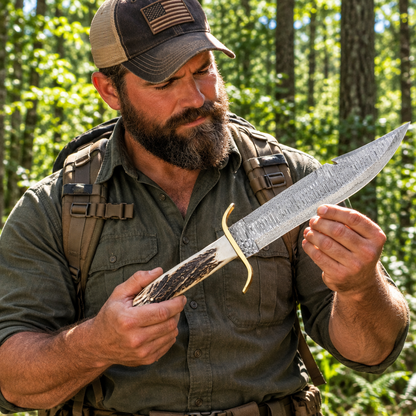 Rugged bearded outdoorsman in bright forest holding large custom handmade Damascus Bowie knife ladder pattern blade brass crossguard stag antler handle