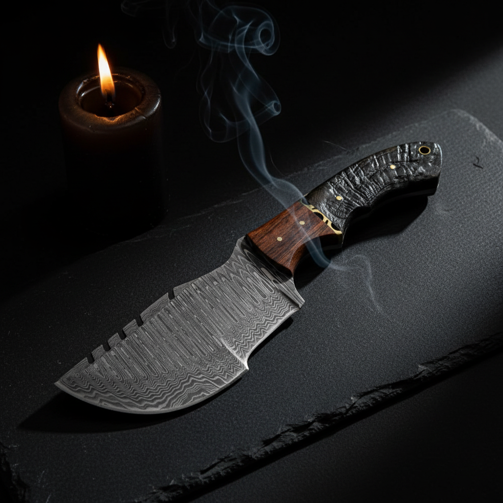 Damascus ram horn walnut tracker knife with burning candle and smoke in dark luxury cinematic editorial photography