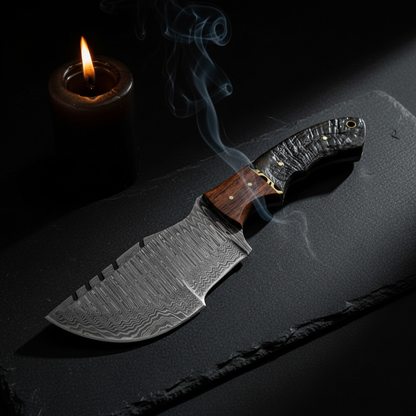 Damascus ram horn walnut tracker knife with burning candle and smoke in dark luxury cinematic editorial photography