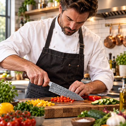 Professional chef looking down using handforged Damascus steel chef knife walnut handle chopping vegetables on wooden board kitchen
