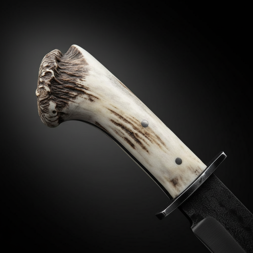 Close view of the natural stag antler crown roll handle with steel pins and black metal crossguard