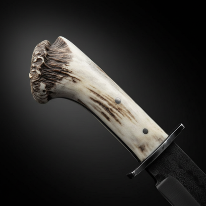 Close view of the natural stag antler crown roll handle with steel pins and black metal crossguard