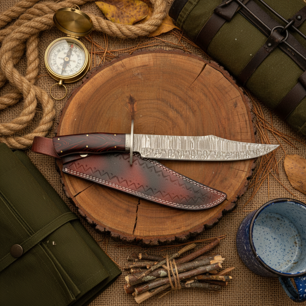 Hand-forged Damascus tracker knife and leather sheath in a rustic camping flat lay