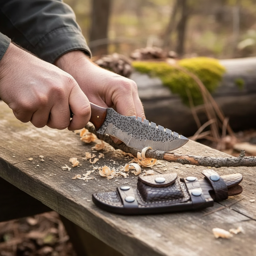 Hands using a Damascus tracker knife on a small fallen branch