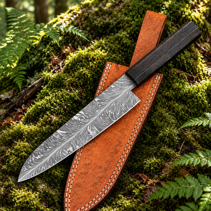 Handmade feather pattern Damascus chef knife and tan cognac leather sheath on thick green forest moss natural outdoor setting