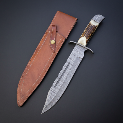 Stag horn Damascus Bowie knife shown from the opposite angle on charcoal studio background