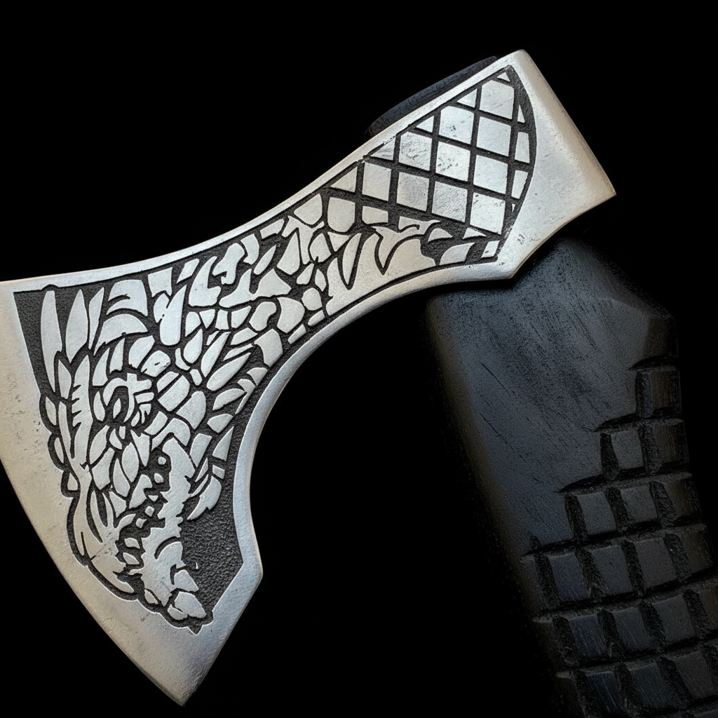 Extreme close up of Viking axe engraved blade showing wolf eagle design detail