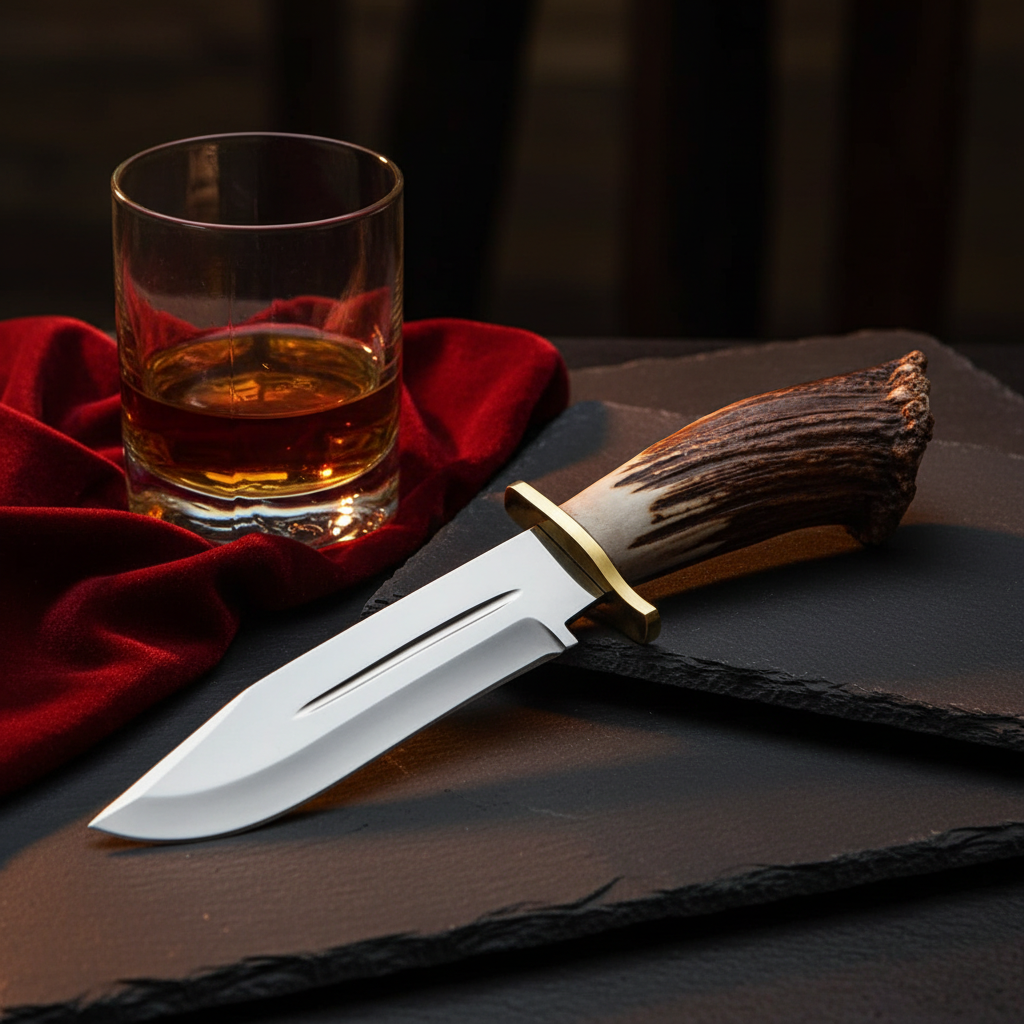 Carbon steel hunting Bowie knife stag antler handle dark luxury cinematic editorial shot with whiskey glass and red velvet