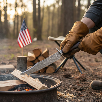 Hands-only outdoor campsite scene using a hand-forged Damascus tracker knife with an American flag nearby