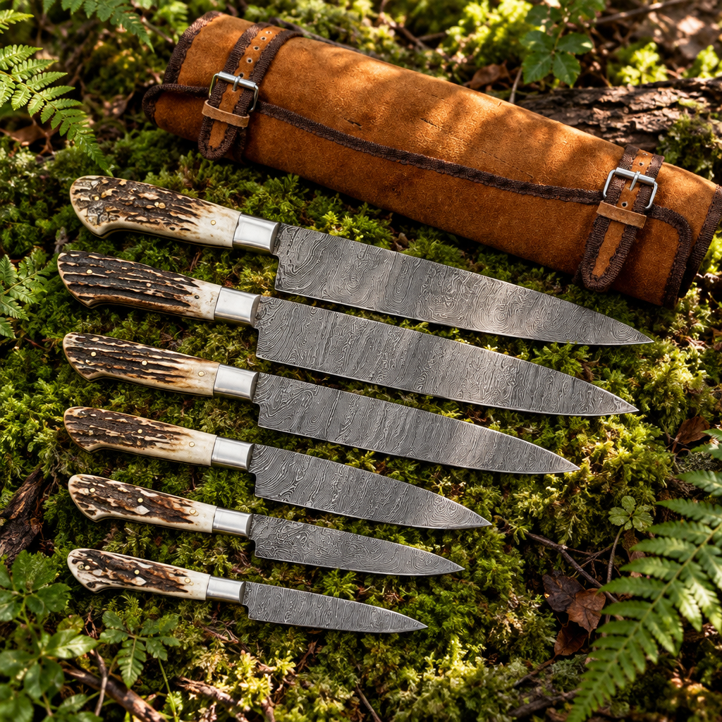 Handmade Damascus Stag Horn Handle Kitchen Knife Set - true american blades with roll bag 