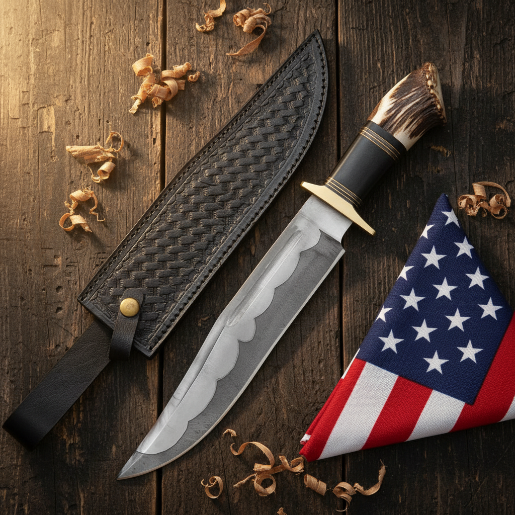 Hand forged Bowie knife with elk antler handle on rustic dark wood surface with American USA flag hero shot