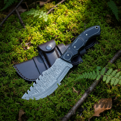 Damascus tracker knife and dark brown leather sheath on thick green forest moss outdoor natural setting