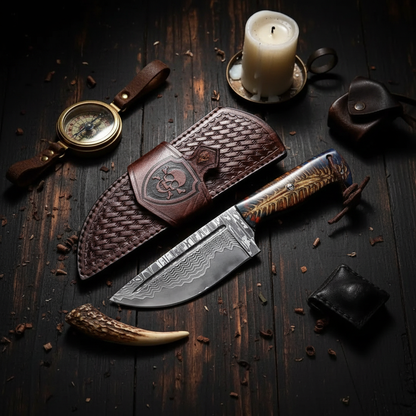 Handmade Damascus tracker hunting knife and skull embossed brown leather sheath in a dark cinematic editorial setting