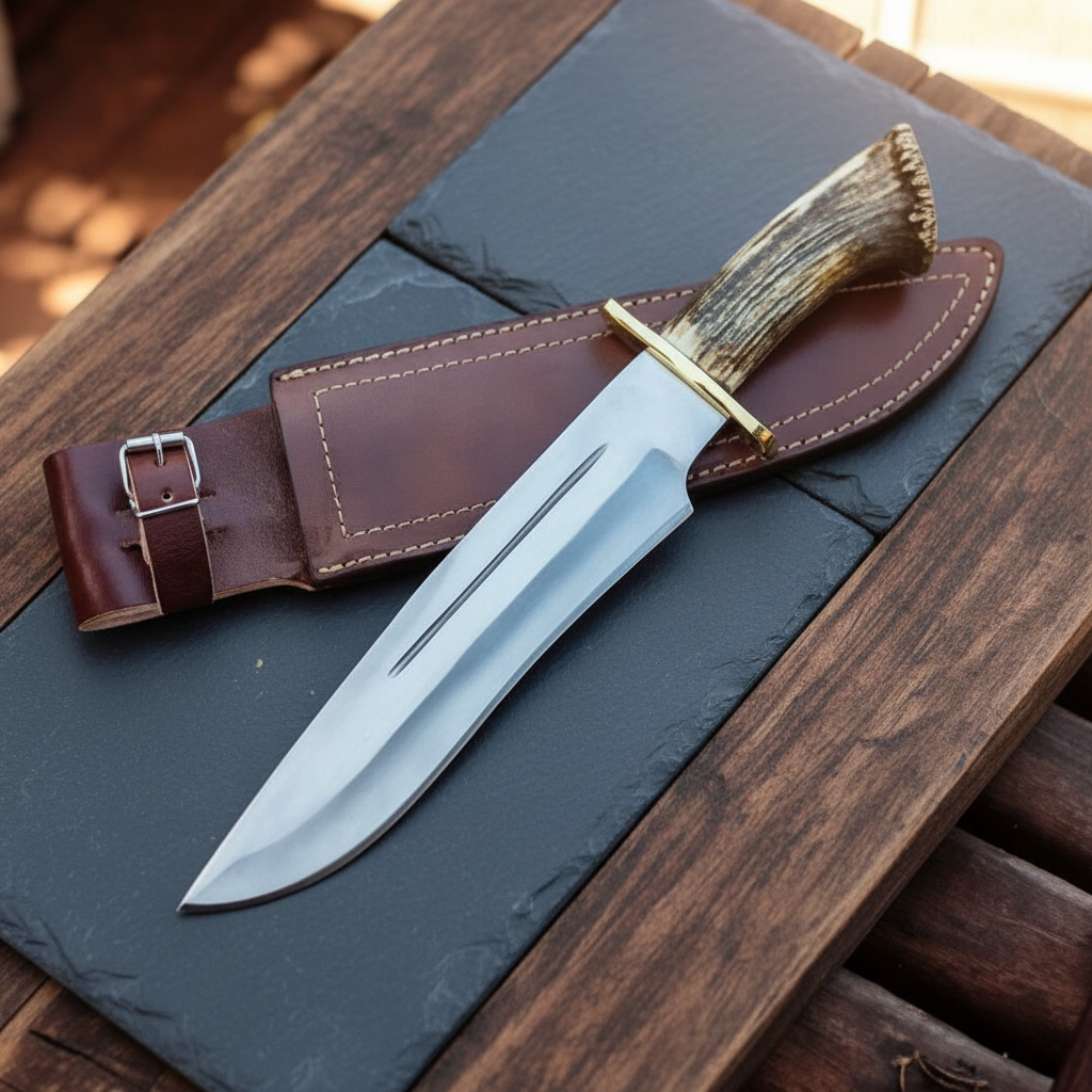 Handmade D2 Bowie knife and genuine leather sheath on dark wood and slate