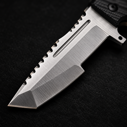 Extreme close-up of wide tanto carbon steel tracker blade with spine serrations and blood groove fuller on deep black charcoal background