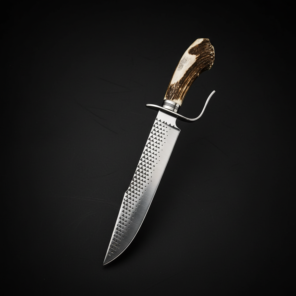 Farrier rasp Bowie knife stag antler D-guard handle studio shot centered on deep black charcoal background