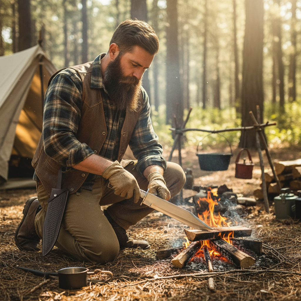 Rugged bearded outdoorsman looking down holding D2 steel classic Bowie knife stag antler handle at sunny forest campsite