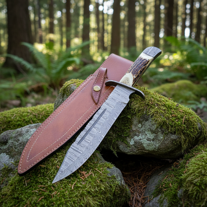 Handmade Damascus Bowie knife and leather sheath on mossy rocks in a forest
