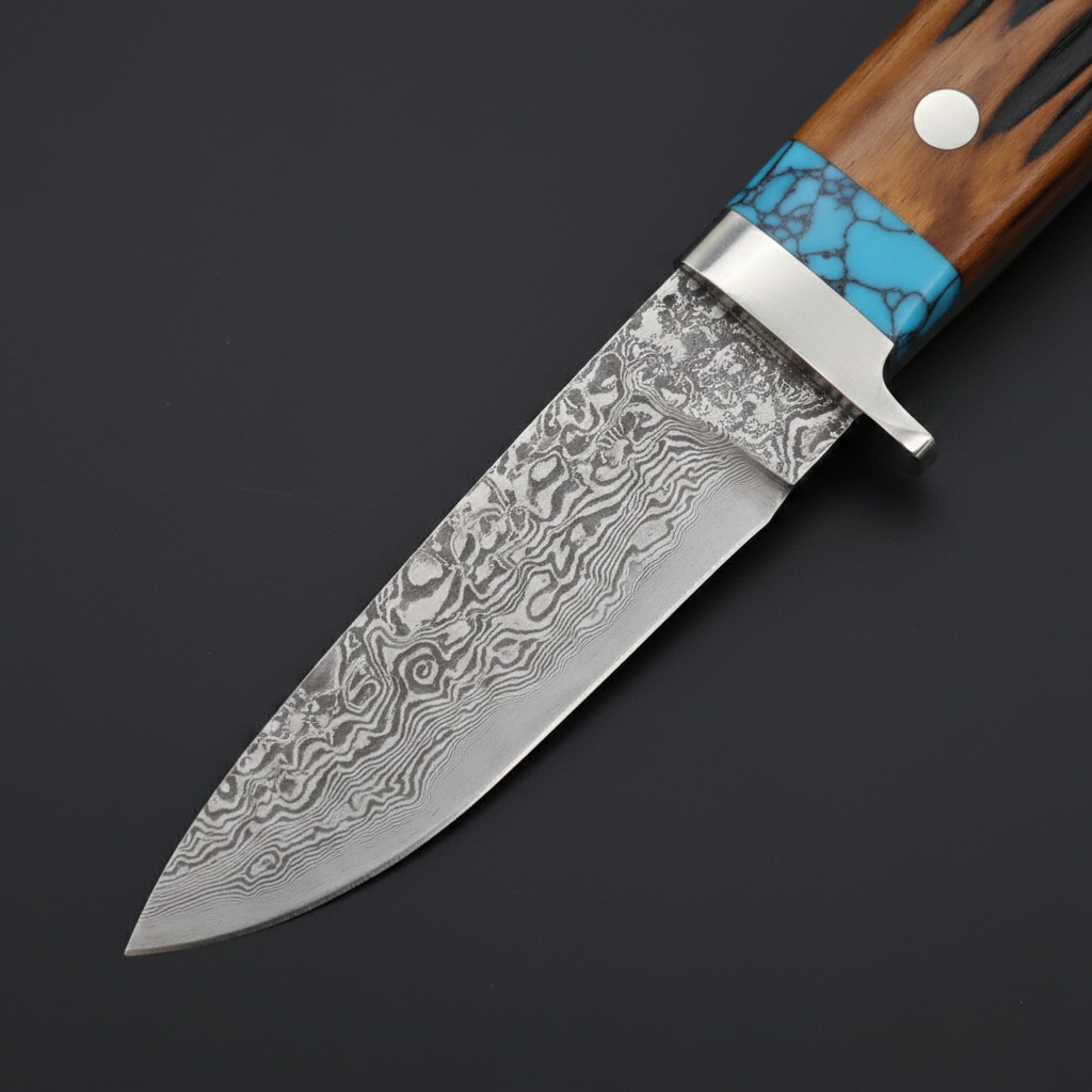 Close-up of the Damascus drop-point blade and turquoise spacer on black-charcoal background