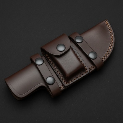 Dark brown horizontal leather sheath with center pocket stitching straps and black snaps