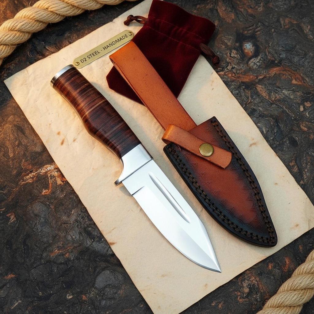 Premium handmade D2 steel knife with leather handle and tan sheath gift presentation flat lay on dark slate