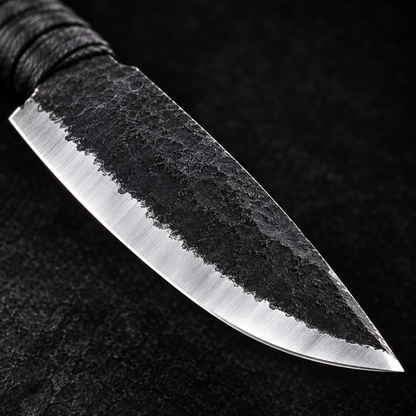 Extreme close-up of brut de forge blackened carbon steel clip point blade with polished edge bevel on deep black charcoal background