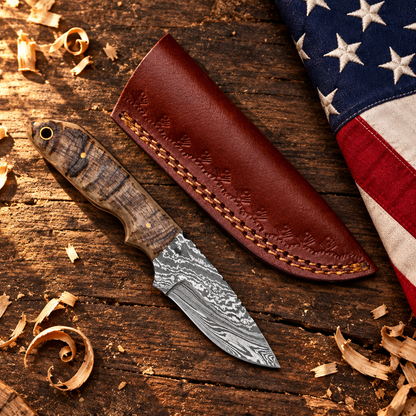 Handmade Damascus skinner knife wild pattern blade ram horn handle hero flat lay rustic dark wood American USA flag