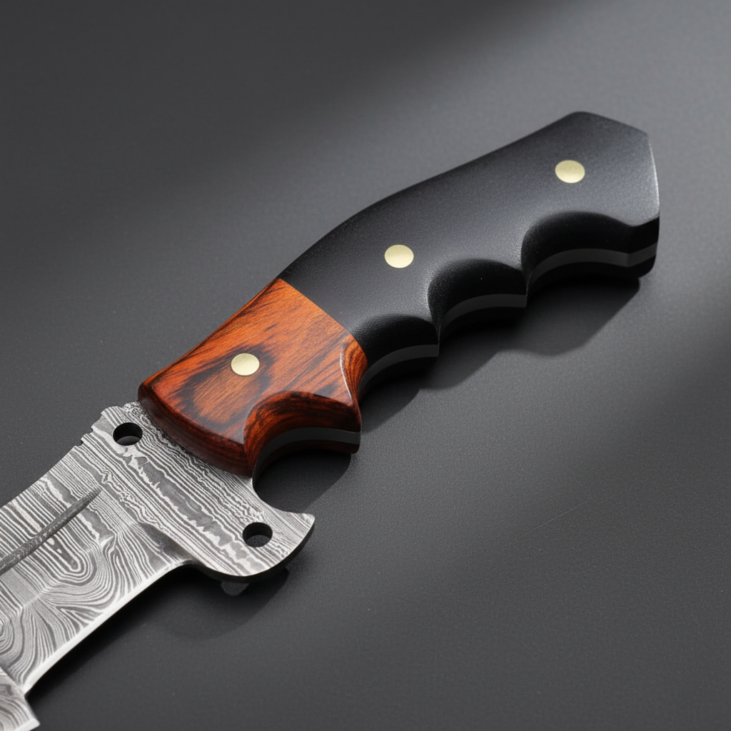 Close view of two-tone rosewood and black Micarta scales with handle pins