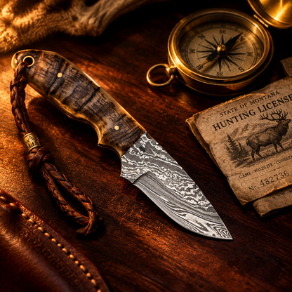 Handmade Damascus skinner knife wild pattern blade ram horn handle luxury cinematic editorial with vintage compass and leather cord on dark mahogany