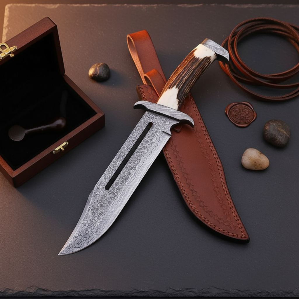 Premium handmade Damascus Bowie knife with antler handle and leather sheath gift presentation flat lay on dark slate