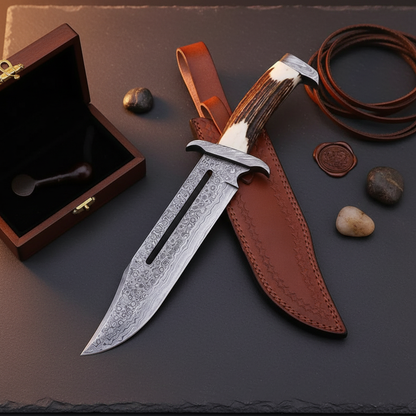 Premium handmade Damascus Bowie knife with antler handle and leather sheath gift presentation flat lay on dark slate