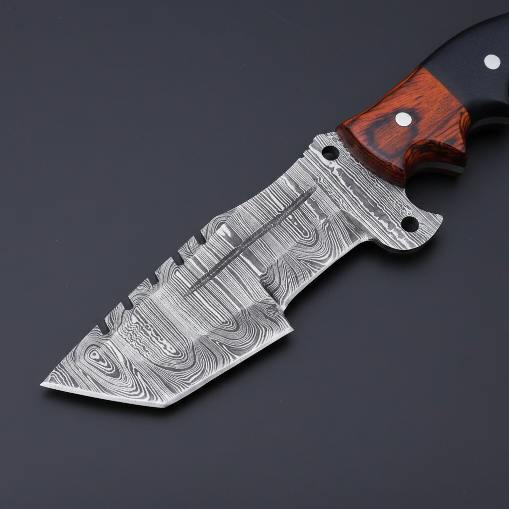 Close view of the layered Damascus tanto blade on a tracker hunting knife