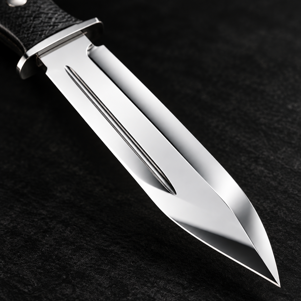 Extreme close-up of mirror polished carbon steel Bowie blade with double blood groove fullers on deep black charcoal background