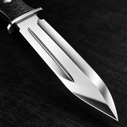 Extreme close-up of mirror polished carbon steel Bowie blade with double blood groove fullers on deep black charcoal background