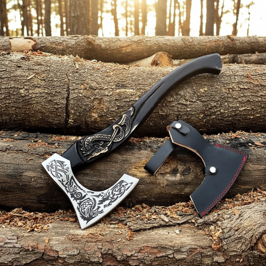 Handmade Viking Norse axe on stacked rustic logs, cinematic golden hour outdoor hero shot