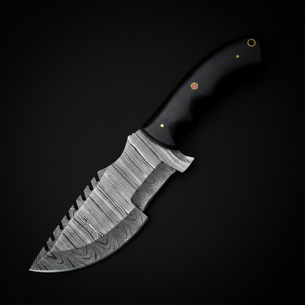 Damascus tactical tracker knife with smooth black micarta handle on deep black charcoal background studio shot