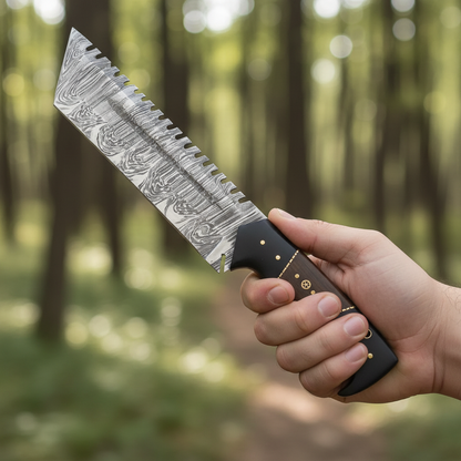 Hand holding the Damascus sawback tanto hunting knife with Micarta hardwood handle against forest bokeh