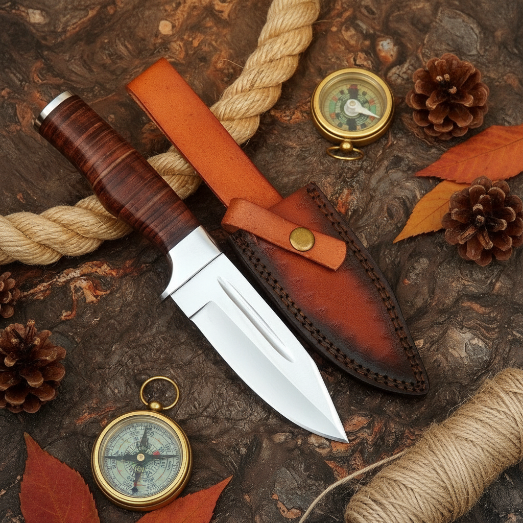 Handmade D2 steel fixed blade knife with leather handle flat lay on rustic wood with rope and pine cones