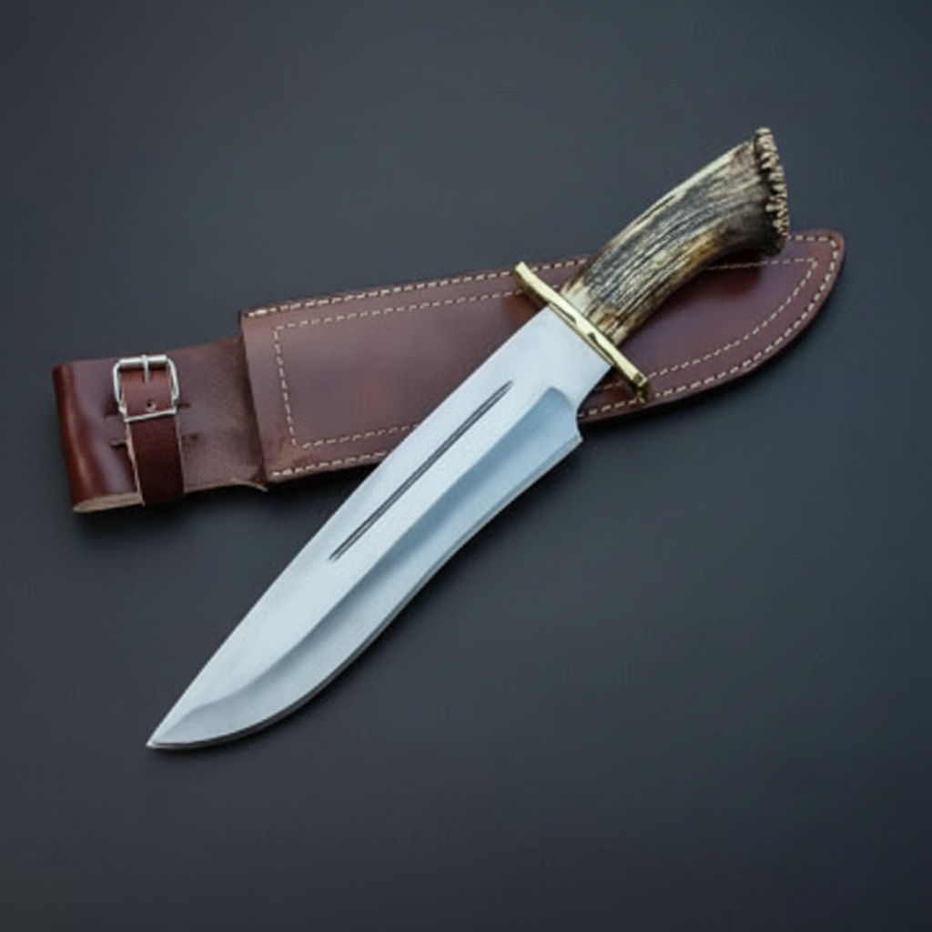 Handmade D2 Bowie knife with Crown Stag Horn handle and genuine leather sheath on charcoal