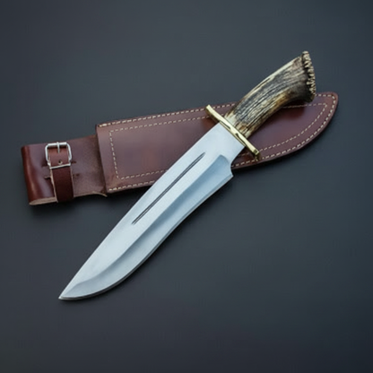 Handmade D2 Bowie knife with Crown Stag Horn handle and genuine leather sheath on charcoal