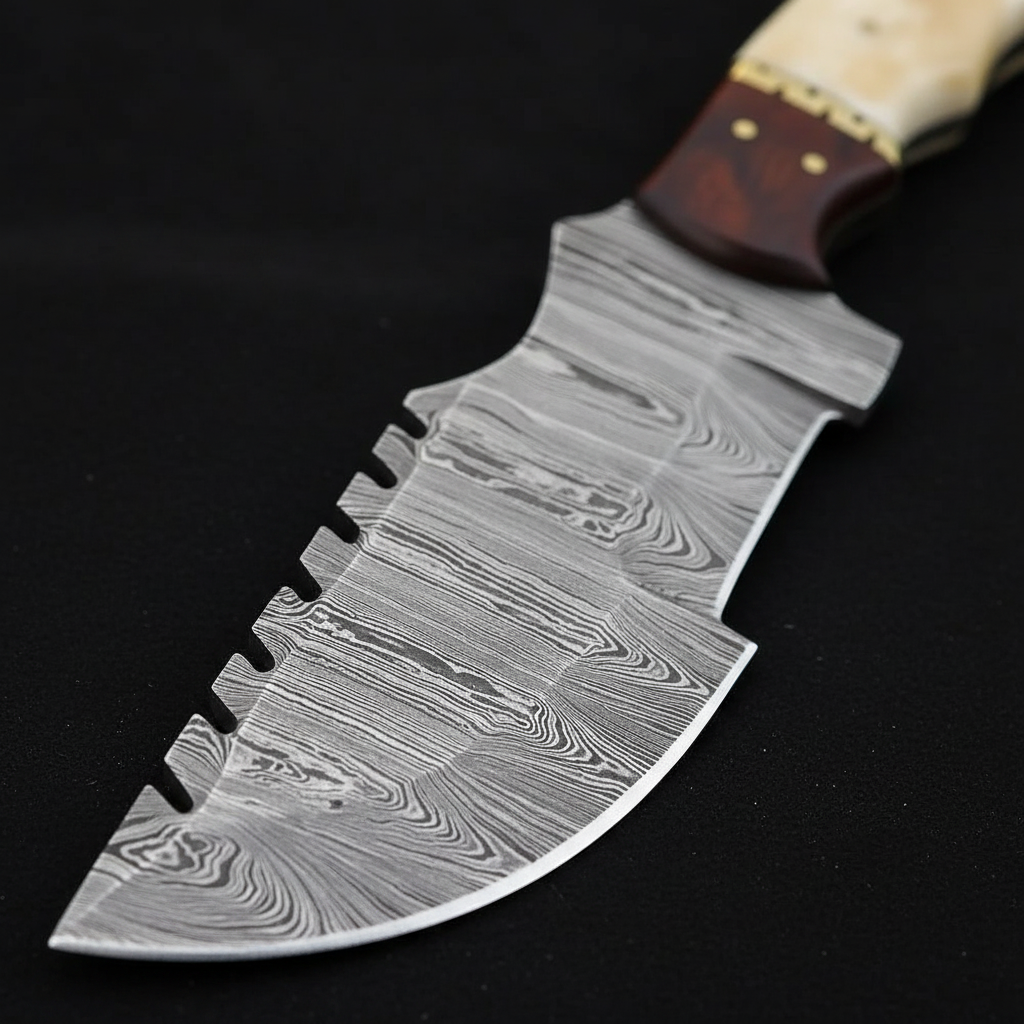 Extreme close-up of wide Damascus steel tracker blade flowing layered pattern on black charcoal background