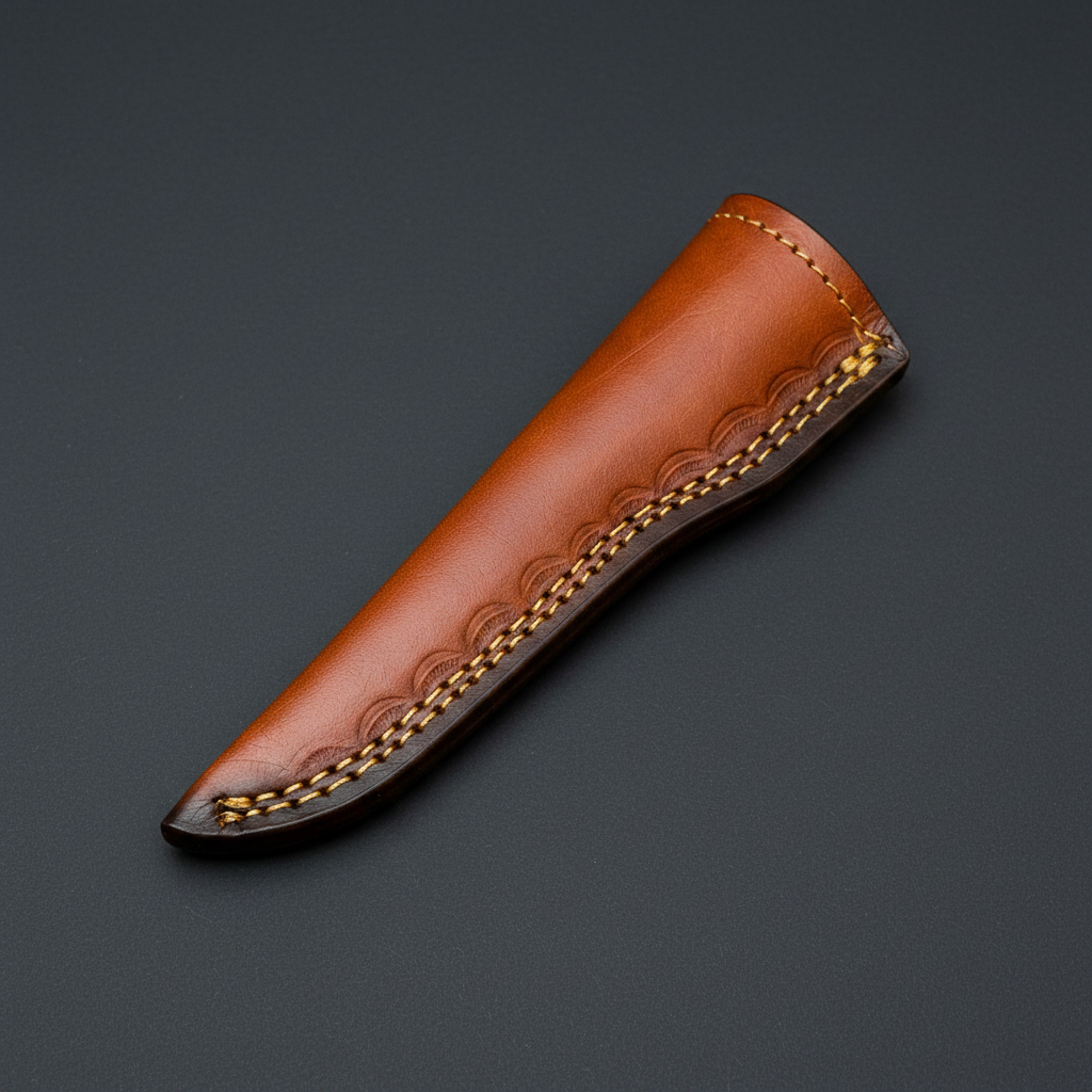 Close view of the genuine brown leather sheath with decorative stamping on a black charcoal background